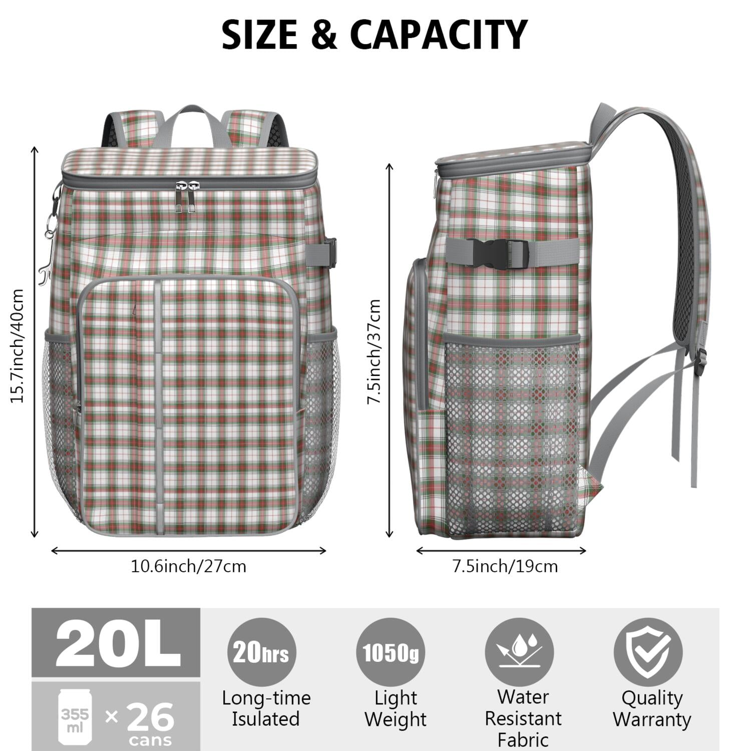 Travel Cooler Bag - Green and Red Christmas Plaid Pattern Camping Beer Cooler Backpack with Bottle Opener- Waterproof Insulated Picnic Backpacks - Cooler Bag for Beach