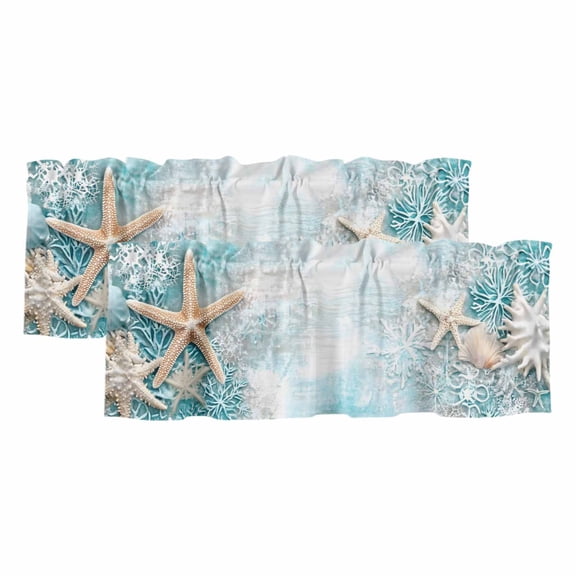 Coastal Beach Starfish Curtain Valances for Windows, Kitchen Valance Window Treatments Panel 2 Pack, Shell Snowflake Teal Rod Pocket Short Curtains for Bathroom Bedroom 42 x 18 Inch