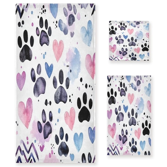 BZSMCE 3piece Bath Towel Sets Hand Bath Towels Fashion Heartfelt Pawprints Printed Towel Sets