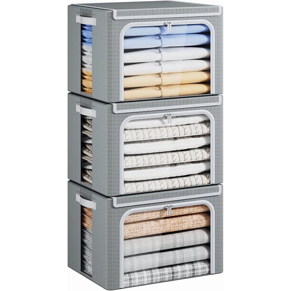 Yecaye 40L Clothes Storage Bins with Lids and Metal Frame Stackable for Closet, 3-Pack Gray