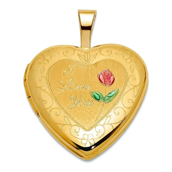 14k Solid Yellow Gold Polished and Satin With Enamel 16mm I Love You Rose Heart Locket Locket Necklace for Women
