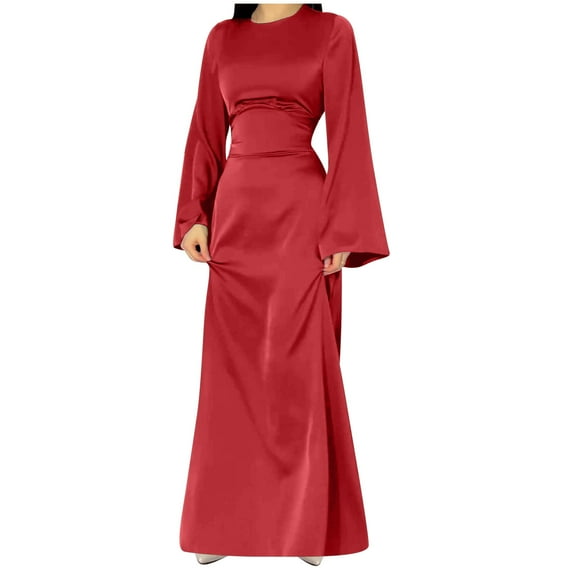 WRKEKC Womens Dresses Casual Solid Color Long Sleeve Satin Maxi Dress for Fall Winter Round Neck Loose Fit with Side Slits and Back Keyhole