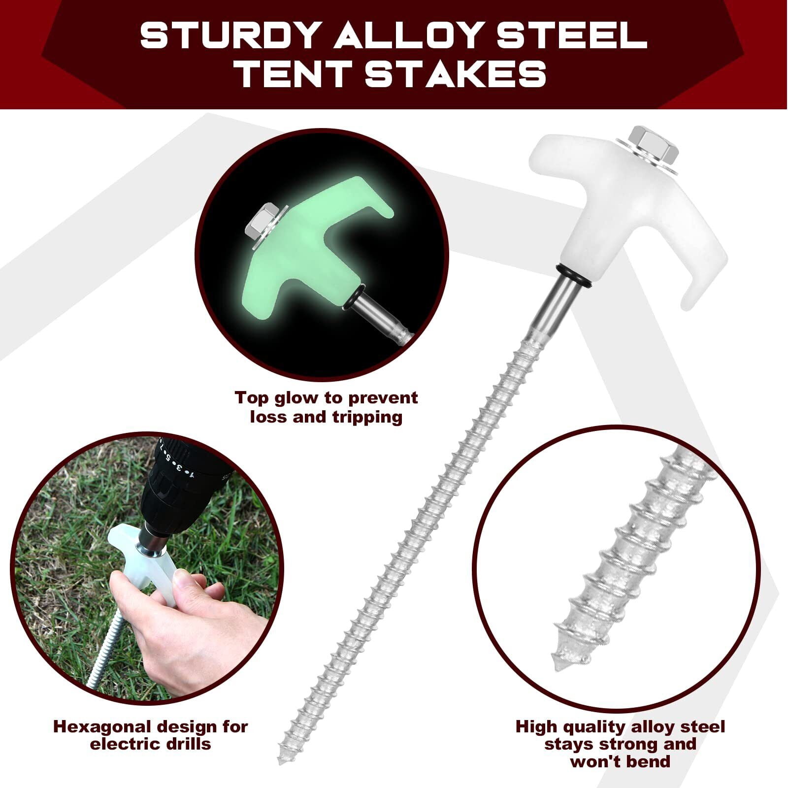 10 Tent Stakes Heavy Duty Tent Stakes Screw in Metal Camping Stakes with Lumi...