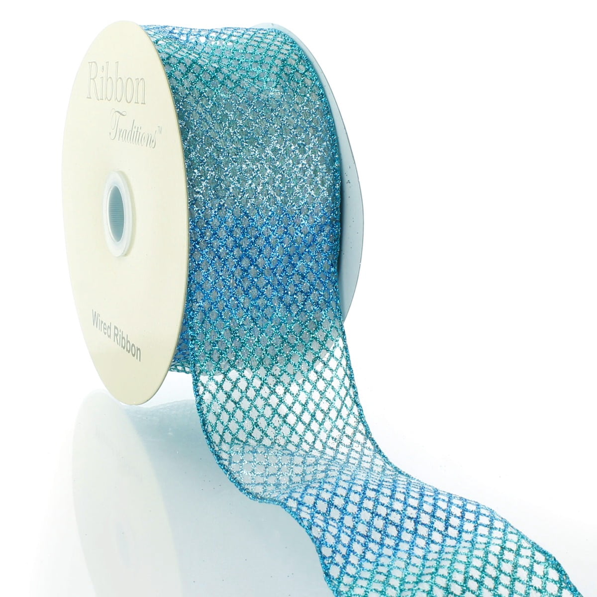 Ribbon Traditions 2 1/2" Wired Ribbon Sheer Ombre Glitter Diamond Mesh - Blue - 10yds