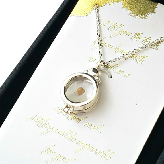 Mustard seed necklace, sterling silver and resin locket, boxed with scripture card