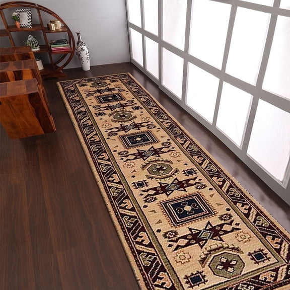 Rugsotic Carpets Hand Knotted Wool and Silk Area Rug, 2'6''x10', Runner, Cream Burgundy, Oriental Handmade Low Pile Rug for Living Room Bedroom