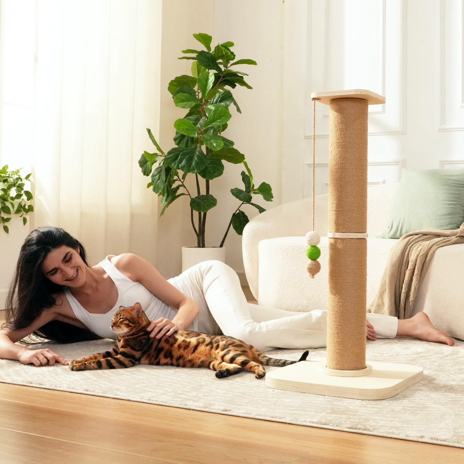 Wooden  Scratching Post, Sturdy 35 Tall Natural Sisal  Scratcher with Thick Solid Wood Base for Adult Cats Indoor