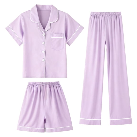 REDARER Girls' Soft Knit Pajama Set, Short Sleeve Button-Down Top & Shorts Loungewear for Kids,10-11 Years