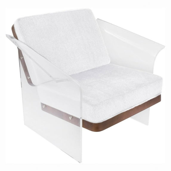 Float Contemporary Chair in White Mohair Fabric accented by Walnut Wood and Clear Acrylic by LumiSource