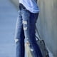 thumbnail image 5 of Pantalones desgastados para mujer, ajustados, elásticos, ajustados, con dobladillo largo destruido, para mujer, azul oscuro L, 5 of 8