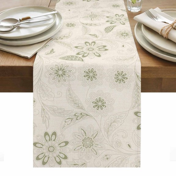 Green Spring Flowers Table Runner - 70 Inch Long, Kitchen Dining Table Runner Dresser Scarves, Vintage Leaves Country Rustic Farmhouse Decor for Coffee Tables Wedding Party Banquet