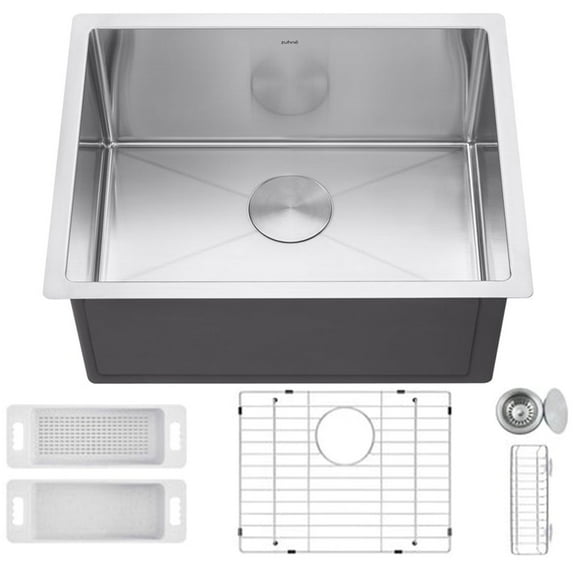Zuhne Modena 23 Inch Undermount Deep Single Bowl 16 Gauge Stainless Steel Kitchen Sink