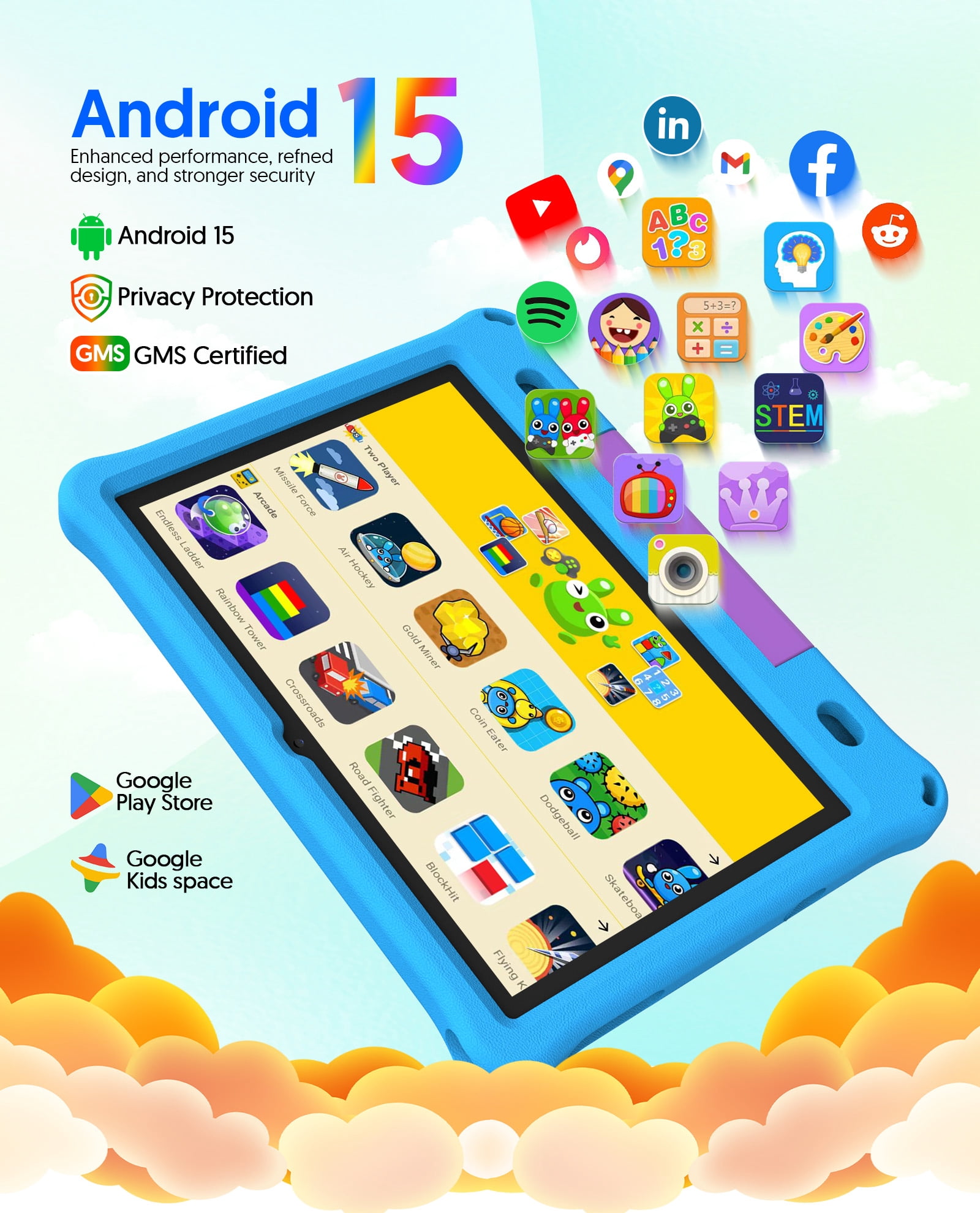 FITIFUN 10.1 inch Kids Tablet Android 15, 3GB RAM 64GB ROM 1TB Expand, Quad-Core, 5G/2.4G WiFi, 6000mAh, HD Display, Parental Control, Blue