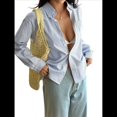 thumbnail image 3 of Camisas de Trabajo Informales de Gran Tamaño para Mujer, con Botones, Puños Fruncidos, Mangas con Volantes, Cuello y Bolsillos. Azul S, 3 of 9