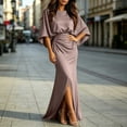 thumbnail image 5 of Womens Satin Formal Maxi Dress Batwing Sleeve Ruched Waist Side Slit Evening Gown with Pockets, Elegant Wedding Guest Dress for Party Banquet Prom Taupe XL, 5 of 6