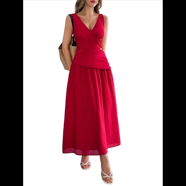 Vestido Informal de Verano Sin Mangas para Mujer, con Escote en V, Arrugas y Espalda Descubierta, para Fiesta Rojo L