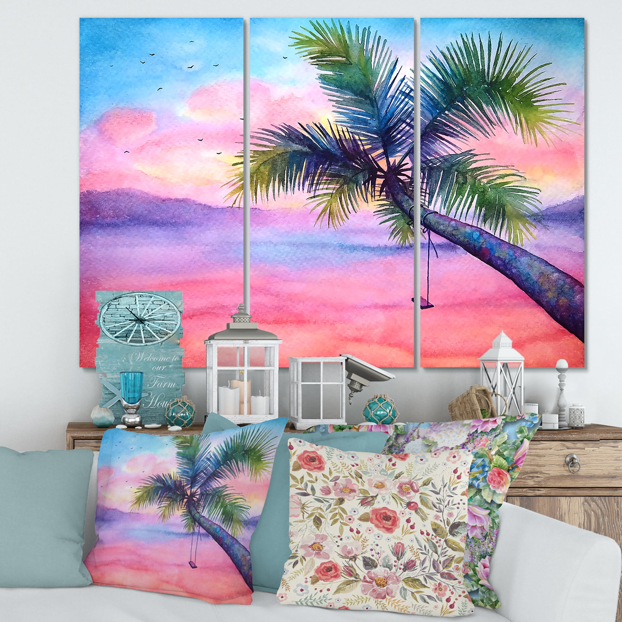 Designart ' Vivid Sunset Landscape With Swing and Palm ' Nautical & Coastal Canvas Wall Art Print