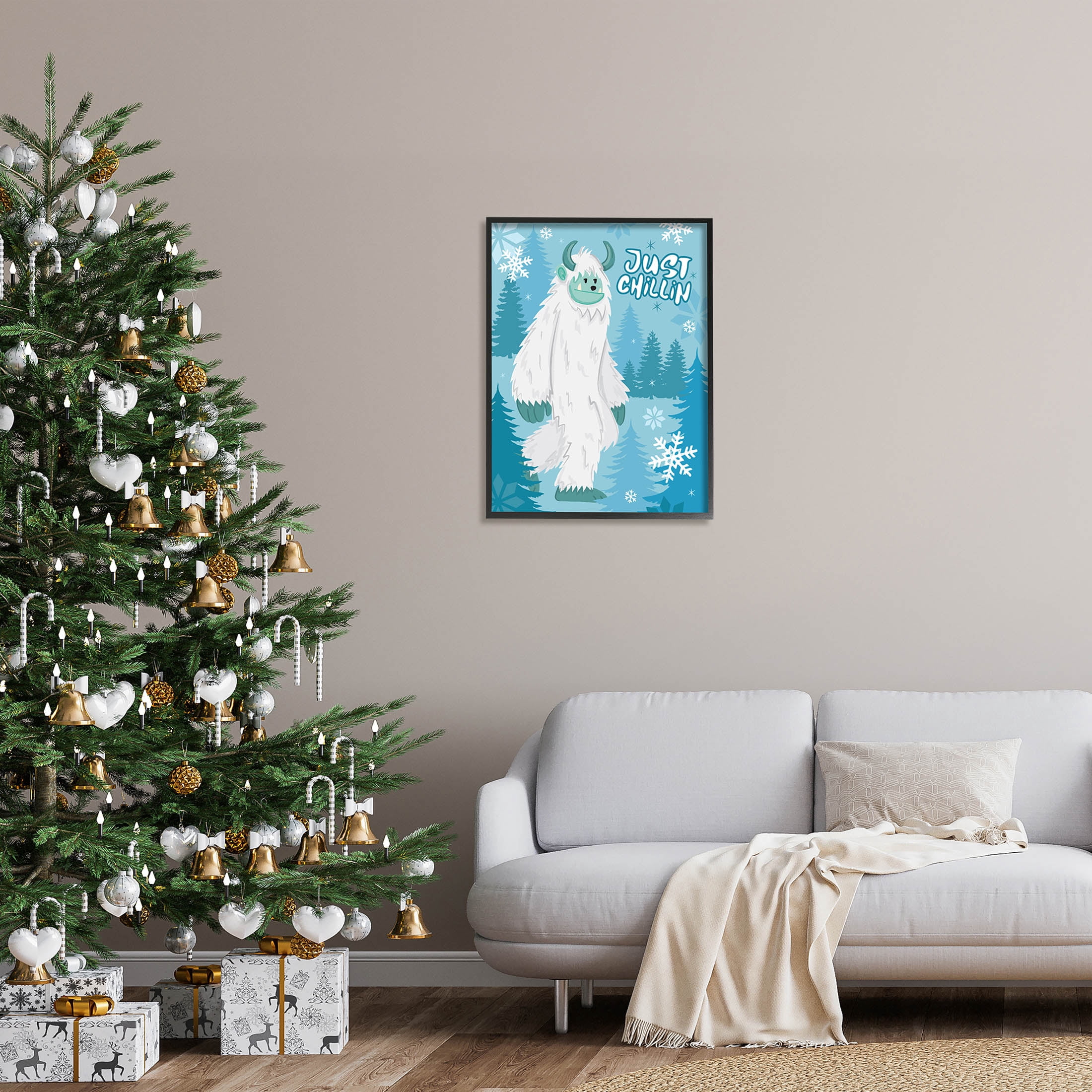Just Chillin Funny Winter Yeti Holiday Graphic Art Black Framed Art Print Wall Art
