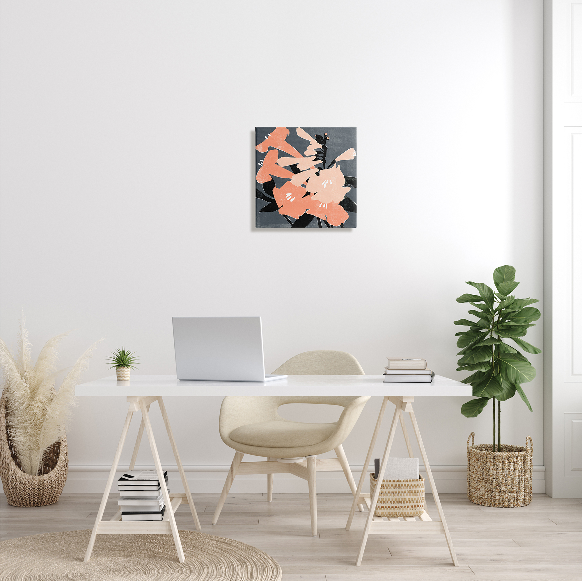 Pink Pop Lilies over Dark Grey Neutral Branches Botanical & Floral Gallery-Wrapped Canvas Print Wall Art, 17x17
