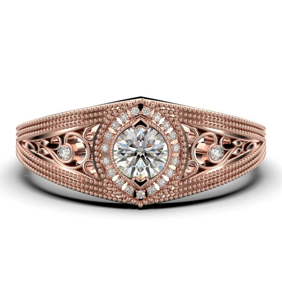 Decorative Ornament 1.25 Carat Round Cut Diamond Moissanite Engagement Ring, Vintage Look Wedding Ring in 925 Sterling Silver With 18k Rose Gold Plating Gift For Her, Promise Ring, Anniversary Ring