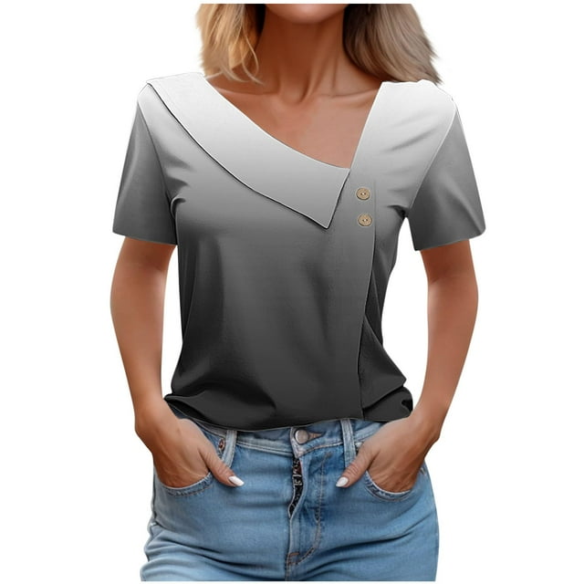 FAIWAD Going Out Tops for Women Irregular V Neck T-Shirts Gradient Short Sleeve Loose Summer Tops