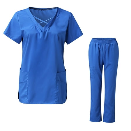 

Youmylove Women Scrubs Top Short Sleeve V-Neck Solid Color Pocket Top Solid Color Trouser Wokers Suit