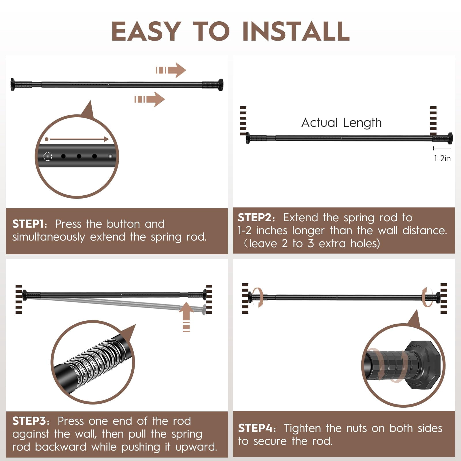 VEGCOO Tension Curtain Rod 51-86 In , Outdoor Curtain Rod No Drilling for Patio Window, Shower Curtain Rod for Bathroom, Adjustable Spring Heavy Duty Tension Rod Renter Friendly, Black