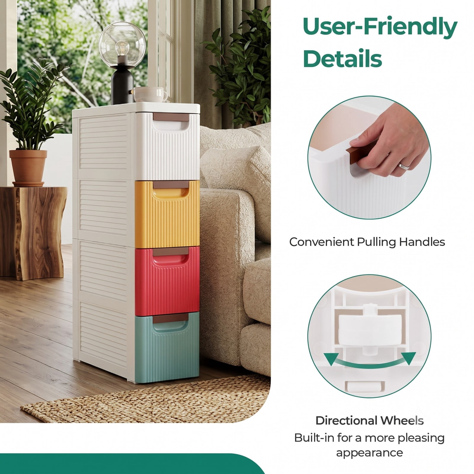 Furnibear 4-Drawer Narrow Rolling Storage Cabinet Organizer with Built-In Wheels for Bathroom Laundry Room and Small Spaces, Multicolor