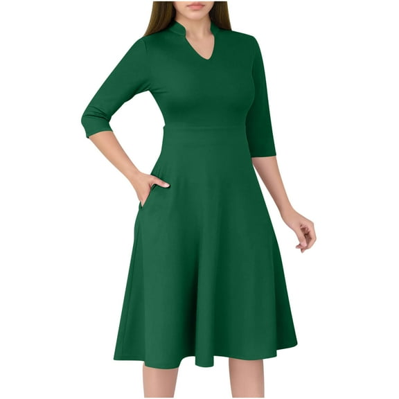 Efsteb Dresses for Women 2025 Elegant 3/4 Sleeve Notch V Neck Pleated A-Line Fit Flare Dress with Pockets for Work (Green,L)