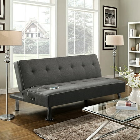 Alden Design Modern Fabric Convertible Futon with USB, Charcoal