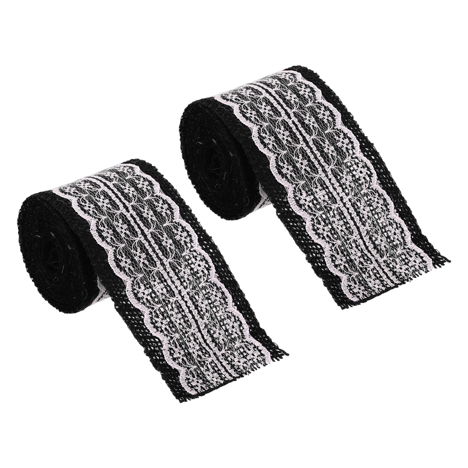 Unique Bargains 2.4' Wide 2.2 Yards Burlap Ribbon White Lace Roll Wrapping Fabric Crafts Roll Black 2 Pack