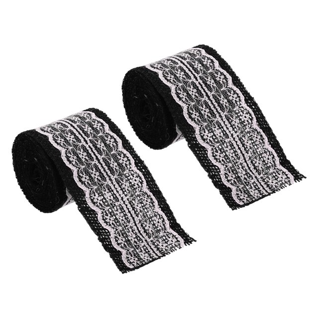 Unique Bargains 2.4' Wide 2.2 Yards Burlap Ribbon White Lace Roll Wrapping Fabric Crafts Roll Black 2 Pack