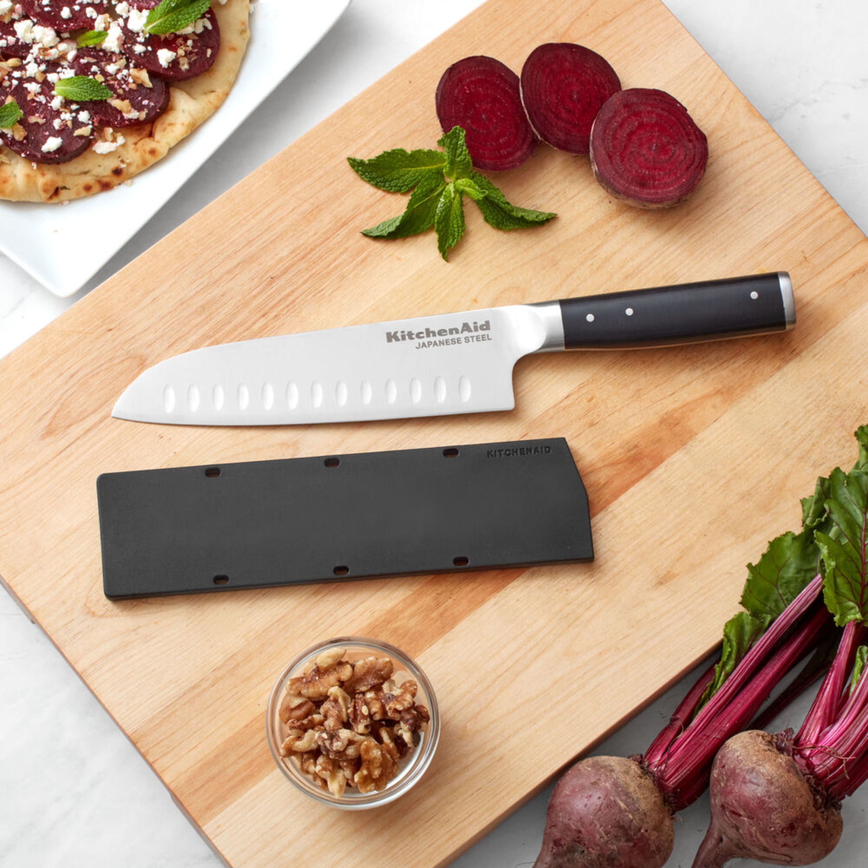 Kitchenaid Gourmet Forged Tripe-Rivet Santoku Knife with Blade Cover, 7-inch, Black
