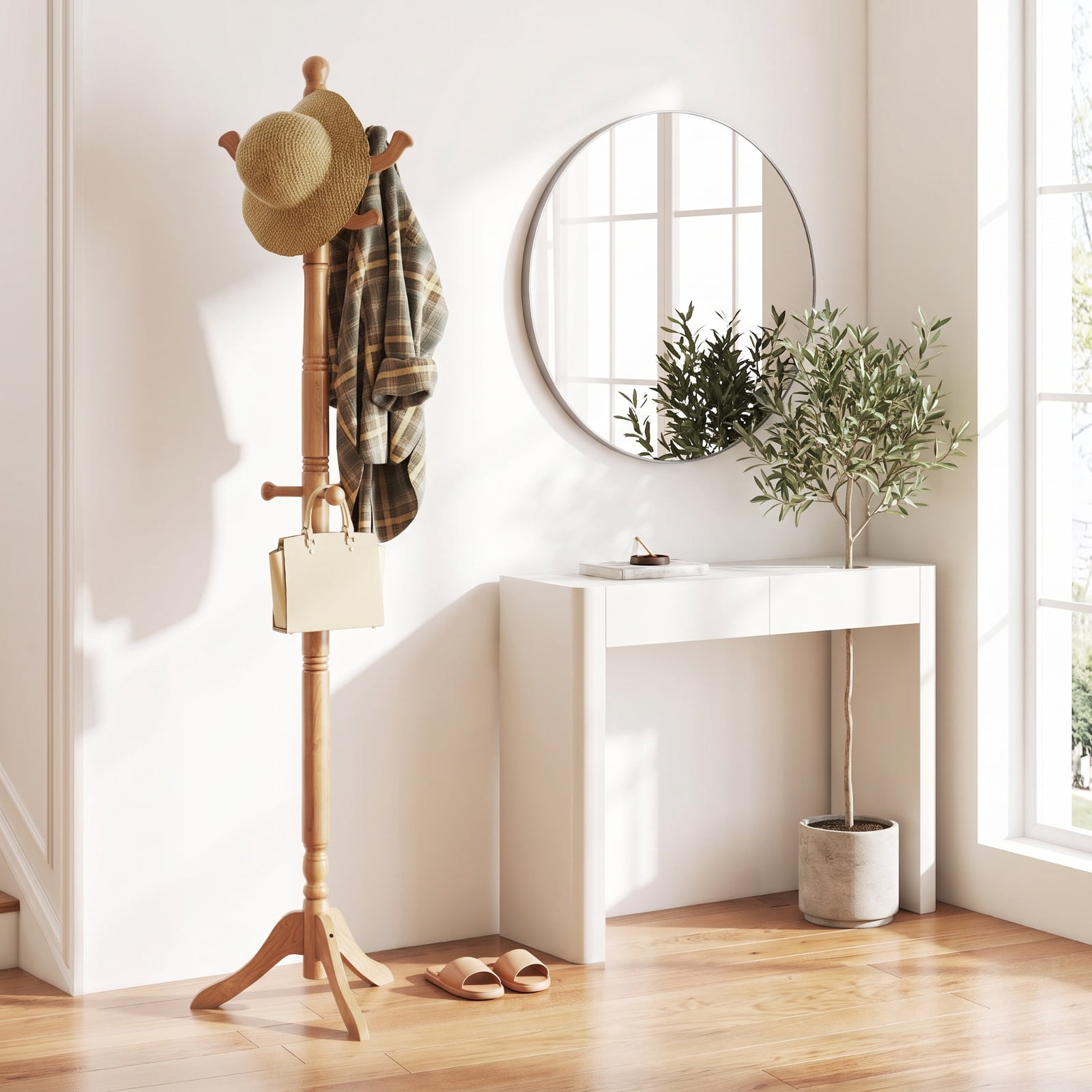Furnibear Solid Wood Hall Tree Coat Rack with 11 Hooks and 3 Height Options for Entryway and Hallway and Office, Natural