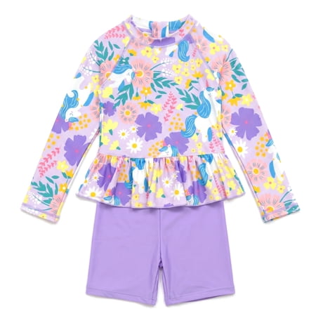NIPAXO Girls Two Piece Swimsuit Set Long Sleeve Rash Guard Peplum Skirted Top Shorts Unicorn Floral Sun Protection Swimwear for Toddler Age 11-12 Years