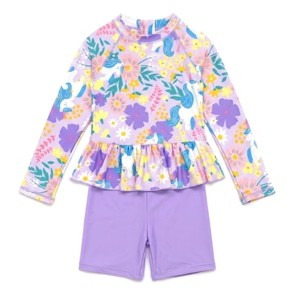 NIPAXO Girls Two Piece Swimsuit Set Long Sleeve Rash Guard Peplum Skirted Top Shorts Unicorn Floral Sun Protection Swimwear for Toddler Age 4-5 Years