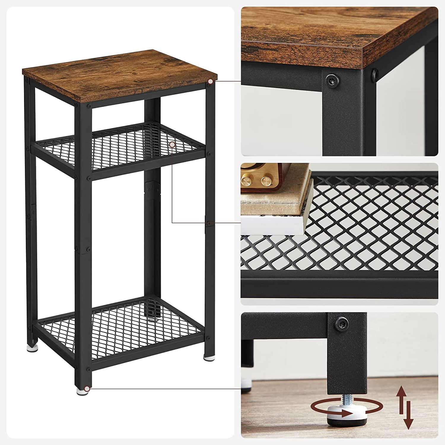 VASAGLE Tall Side Table, Telephone Table End Table with 2 Mesh Shelves for Living Room Bedroom Home Office