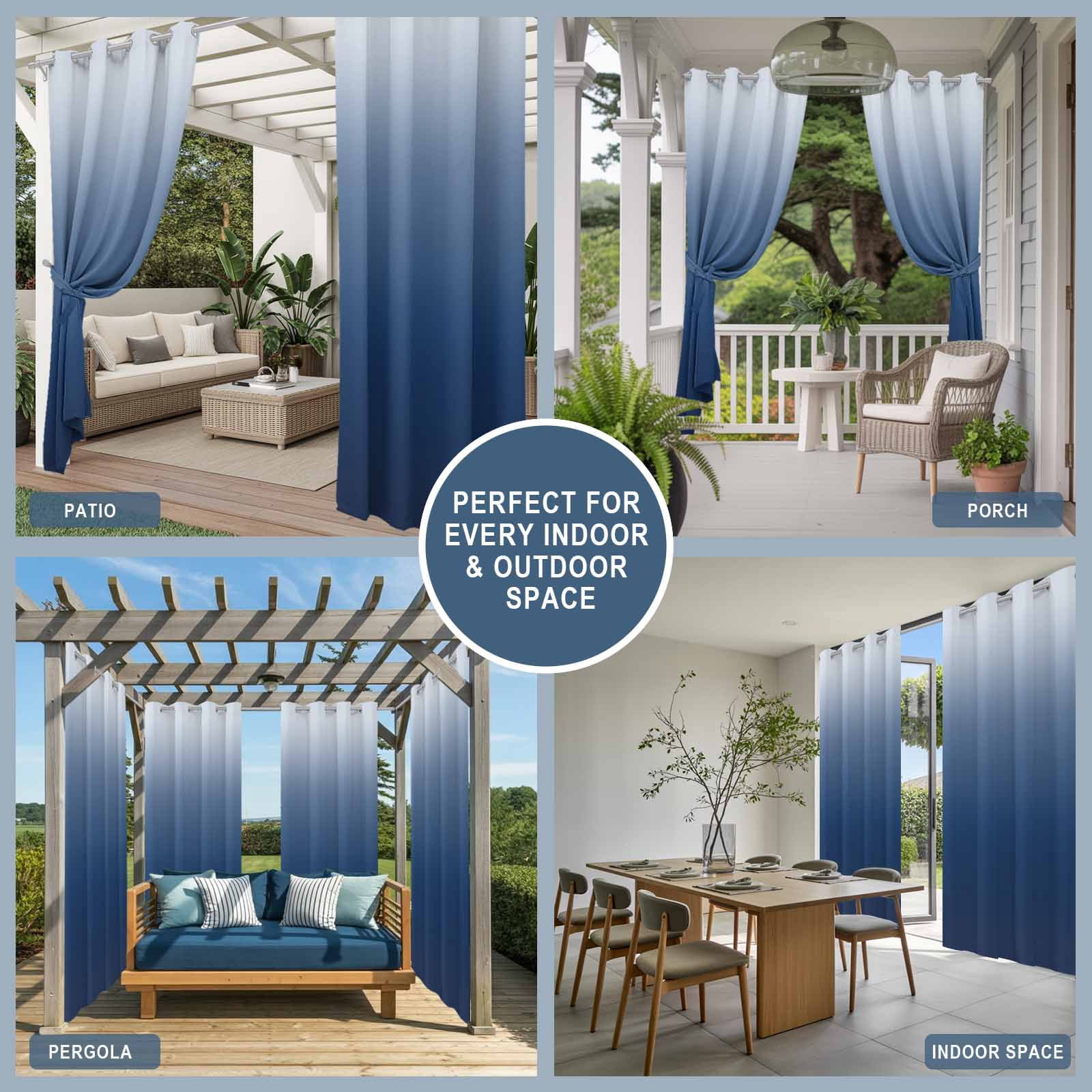 Navy Blue Ombre Outdoor Curtains for Patio Waterproof,Windproof Privacy Curtains with Weighted Bottom,Modern Abstract Art Gradient Aesthetics Outside Drapes for Picnic Garage Yard 54"x95" 2 Panel