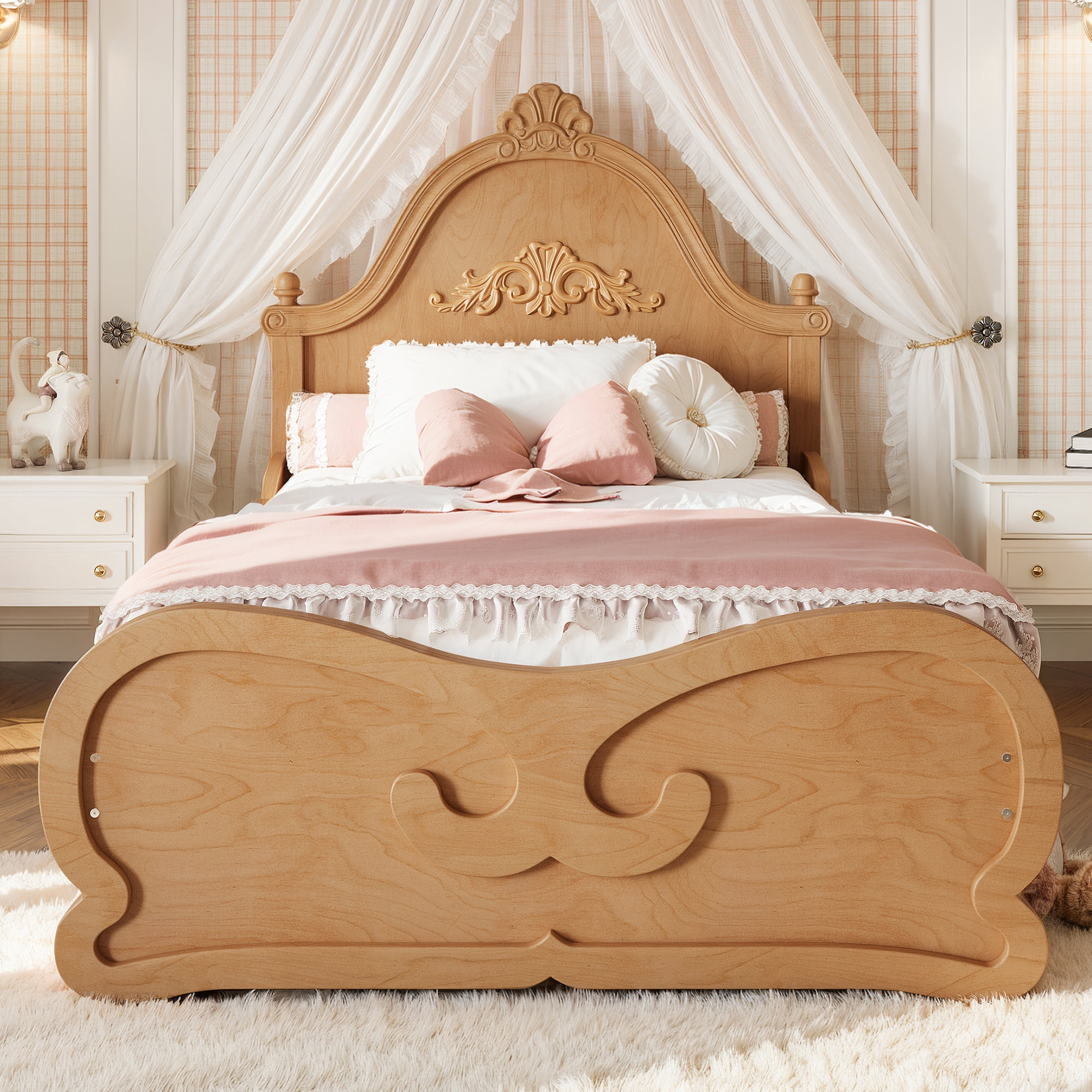 HOQBN Twin Size Vintage Carved Platform Bed with Headboard, Solid Wood Bed Frame with Slatted Support, Low Profile Platform Bed for Kid Teens, Natural