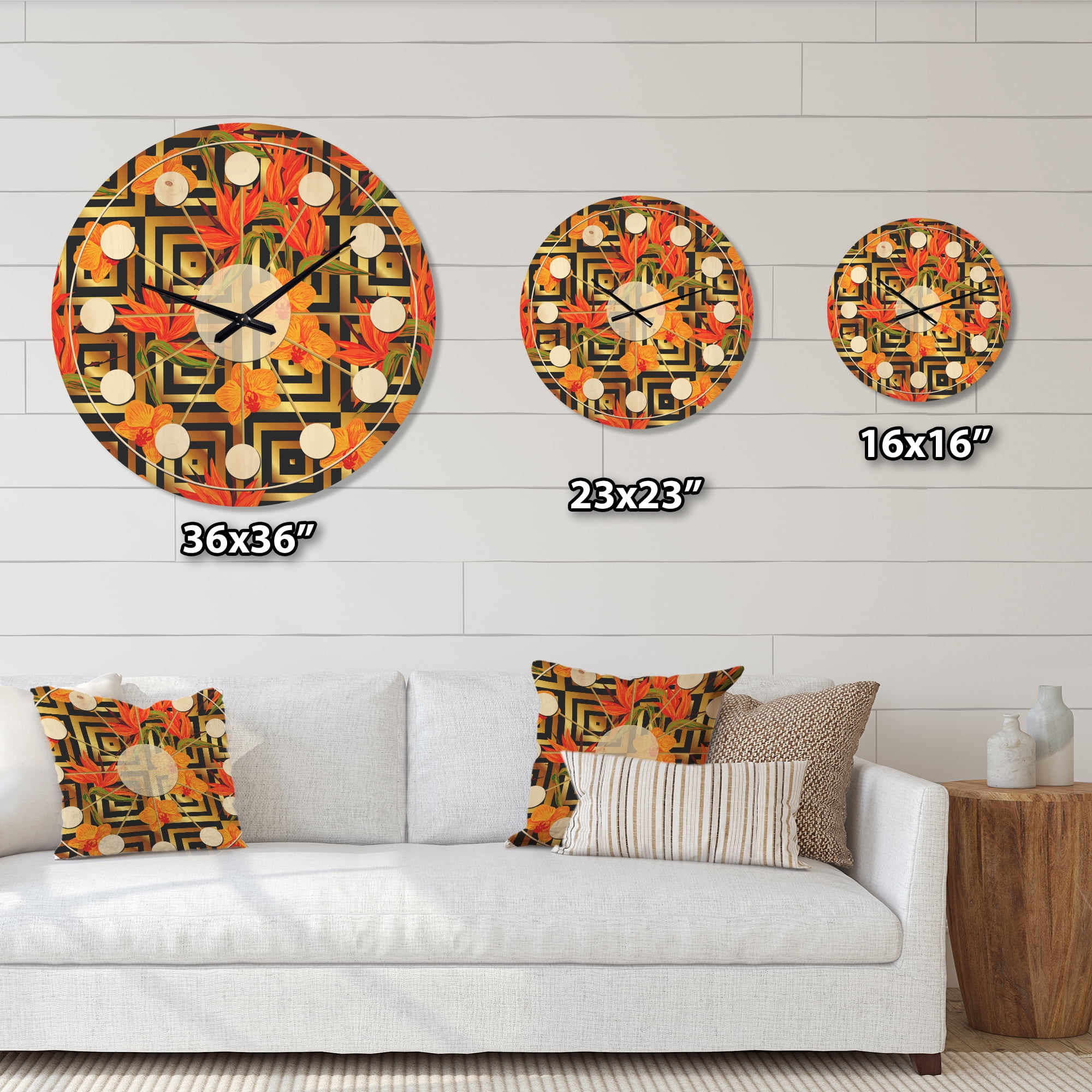 Designart 'Tropical Luxury Gold Pattern II' Mid-Century Modern Wood Wall Clock
