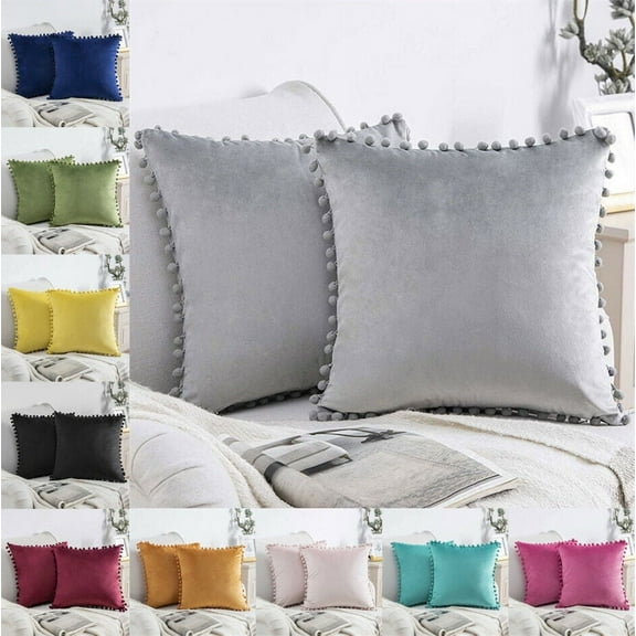 ZOELNIC 18"x18'' Pack of 2 Pom Poms Velvet Cushion Cover Decorative Throw Pillow Covers for Home Bench Sofa Bed, Gray