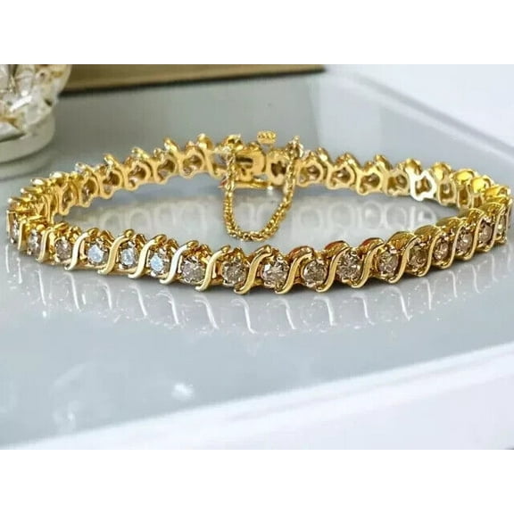 Hitanshu Jewels Women's Tennis Bracelet Round Cut Cubic Zirconia 14k Yellow Gold Plated