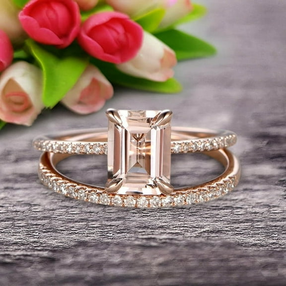Gems & Jewels 925 Sterling Silver 2.10 Ct Emerald Cut Morganite & Diamond Wedding Engagement Thanksgiving Christmas Bridal Ring Set 14K Rose Gold Plated For Women's -8