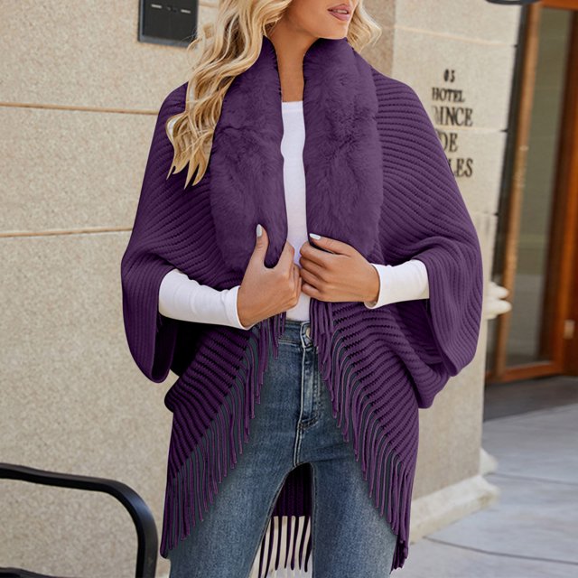 LOVZFMLL Cardigan pour Femmes Cape Tricotée avec Col Frange Châle