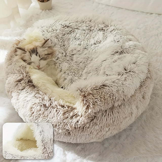 Plush Round Hooded Pet Bed, Warm Dog Bed For Small Dogs, Fluffy Soft Cat Bed,