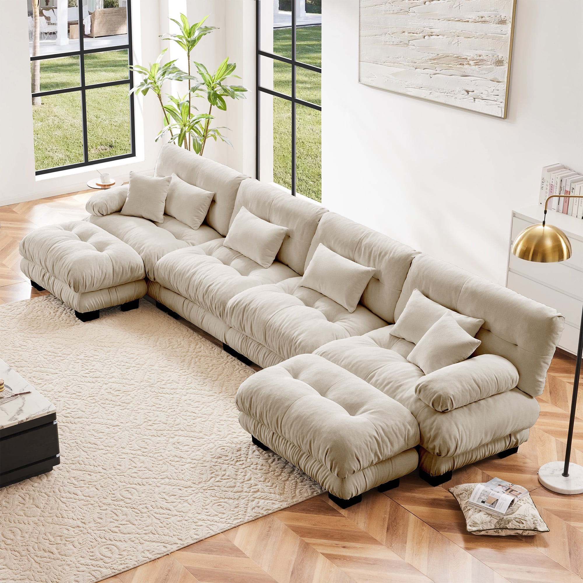 Gewnee White Chenille Cloud Couch 2 Seater Sofa for Living Room, Chenille 2 - Seat sofa with 2 Lumbar pillows and 2 throw pillows,