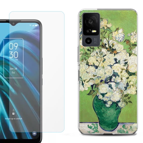 OneToughShield ® for TCL 40 XE 5G Shockproof Fashion Phone Case, with Tempered Glass Screen Protector - White Roses