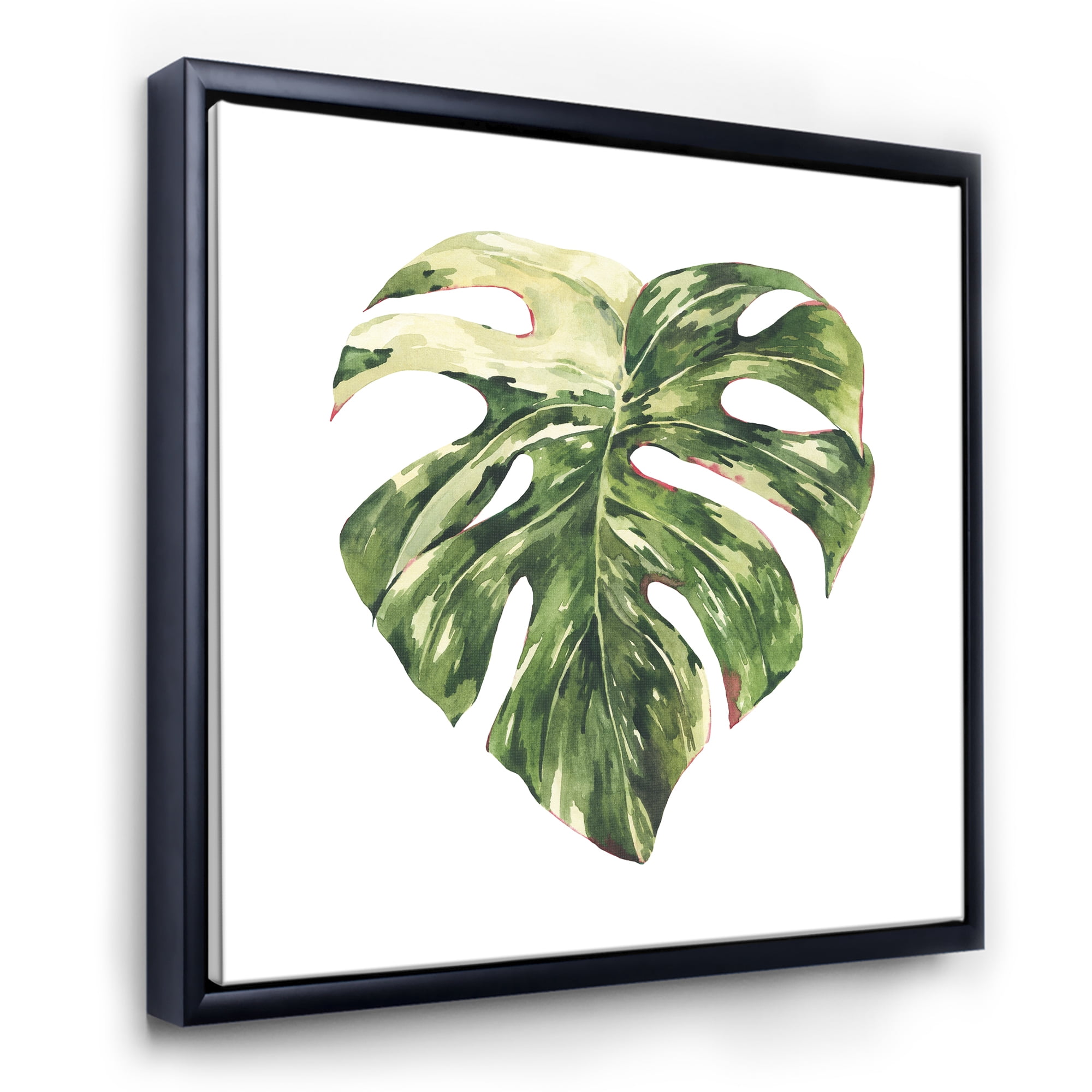 Designart 'Tropical Green Leaves On White In Summer Times III' Tropical Framed Canvas Wall Art Print
