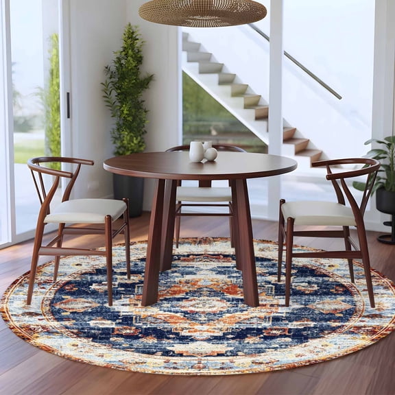 Boho 5ft Round Rug for Dining Table for 4 People Under Table Placement, Vintage Floral Washable Non Slip Circle Area Rug