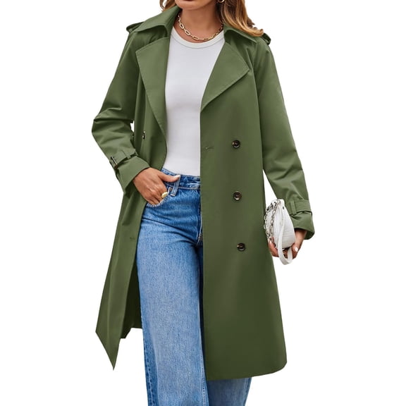 Long Sleeve Spring Fall Solid Color Double Breasted Casual Lapel Long Trench Coat